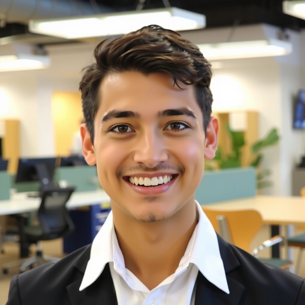 Portrait of a diverse team member with a friendly smile, representing customer relations excellence, no text.