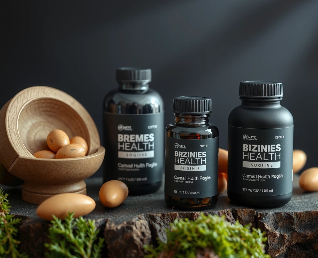A sophisticated product image of men's health supplements, featuring elegant packaging and natural elements, no text.