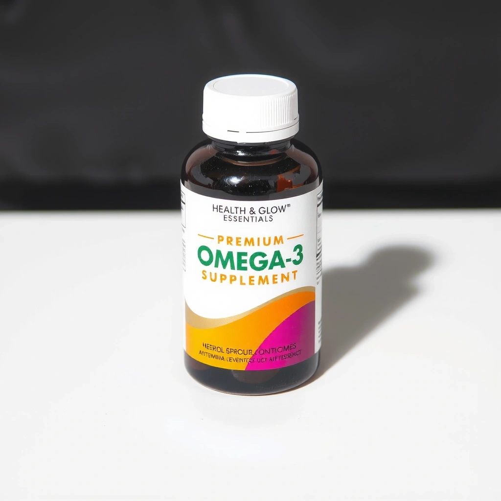 Healthglowessentialsetc Premium Omega-3 Supplement bottle, front view, clear branding, vibrant colors