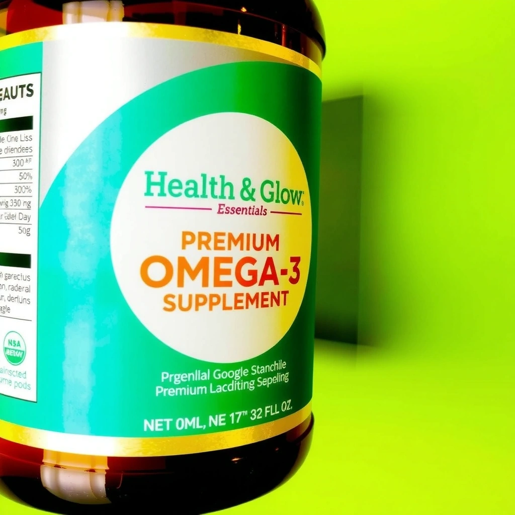 Healthglowessentialsetc Premium Omega-3 Supplement, bottle from a slight angle, showing texture